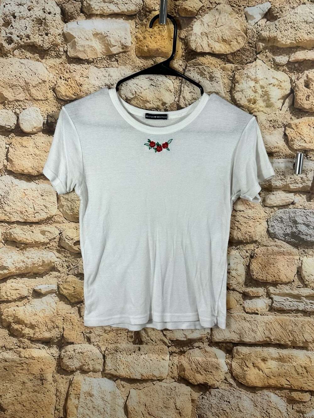 Brandy Melville Rose Embroidered White Baby Tee